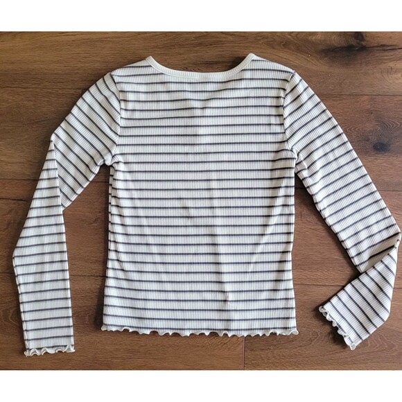 Old Navy Rib Henley Tee Girls Size XL 14-16 Cream Stripe Lettuce Edge Stretch - Picture 2 of 13